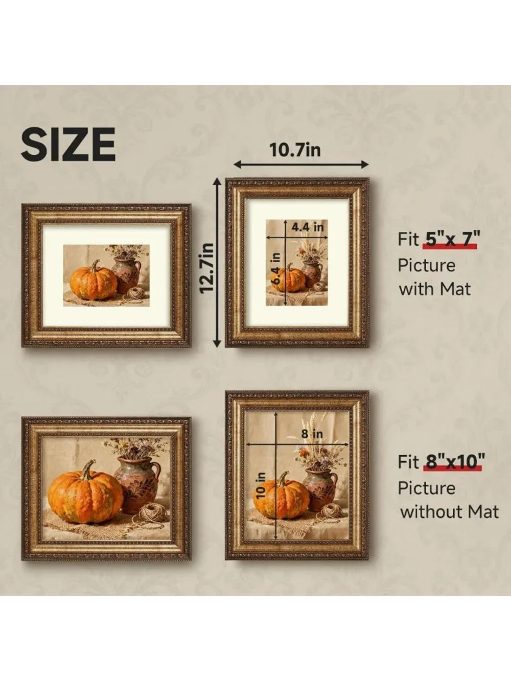 Vintage Gold Picture Frames Set of 4, 8x10 with Matted 5x7 Prints, Home Decor